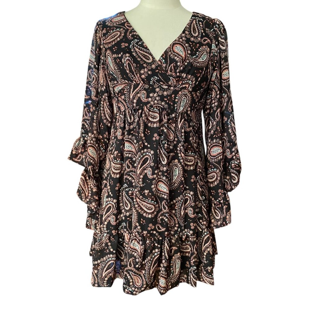 Betsey Johnson Babydoll Bell Sleeve Paisley Ruffle Mini Dress Whimsigoth Dark-2